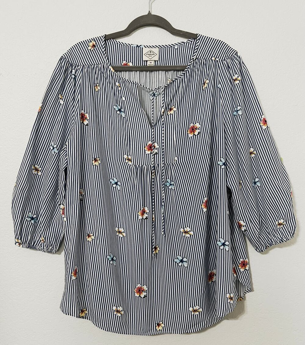 St. John's Bay Peasant Blouse Blue & White Striped Multi Colored Flowers Size 0X